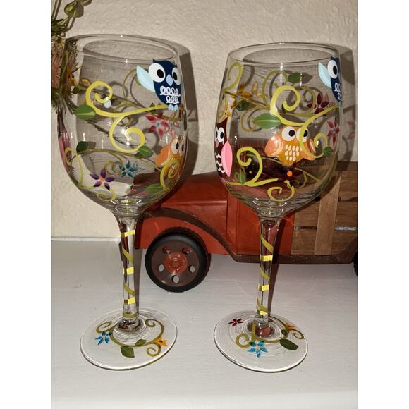 Wine Goblet Glasses Hand Painted Owls Set of 2 - Picture 2 of 9